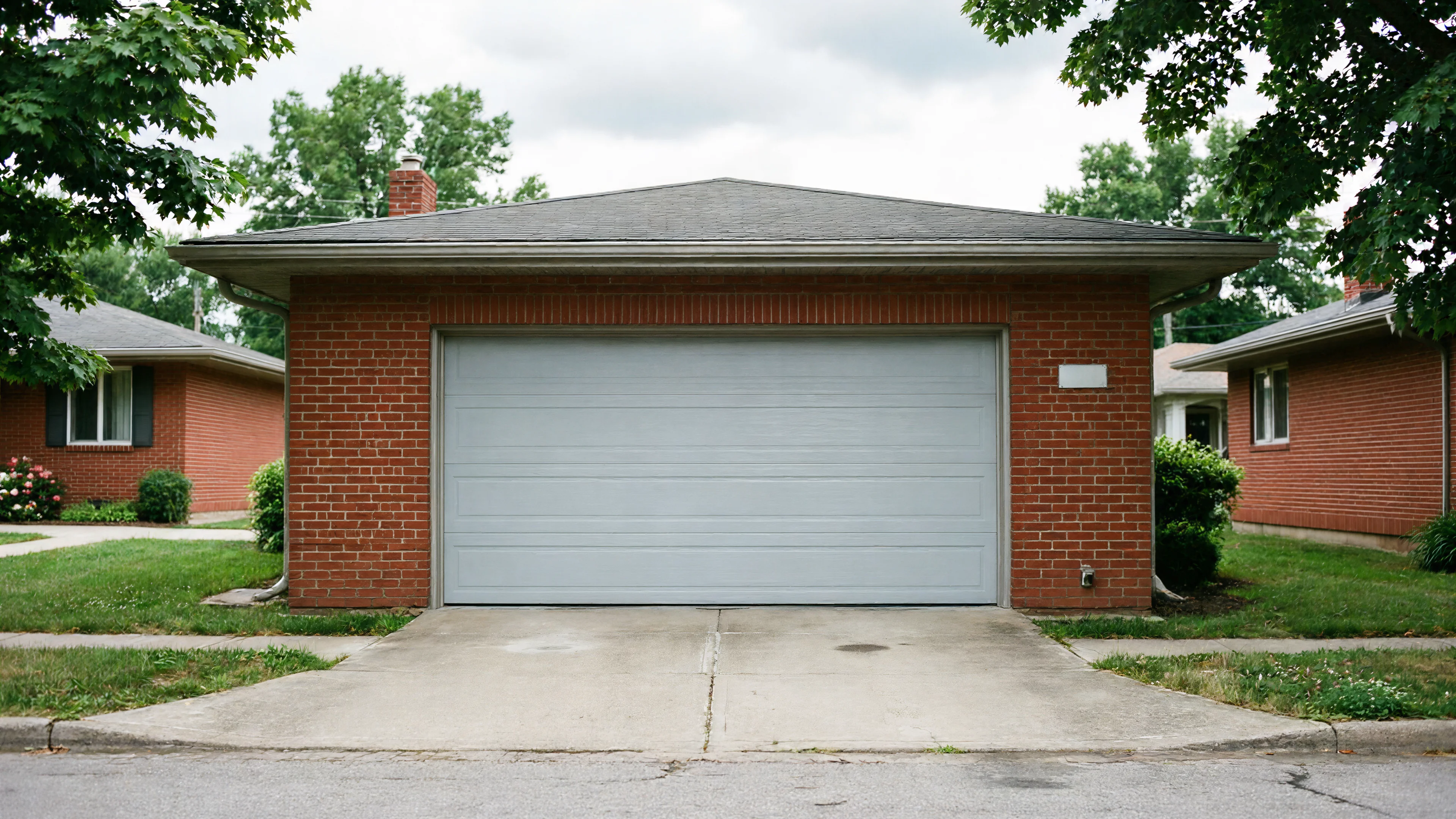 A red brick garage with a gray garage door and a gray roof.