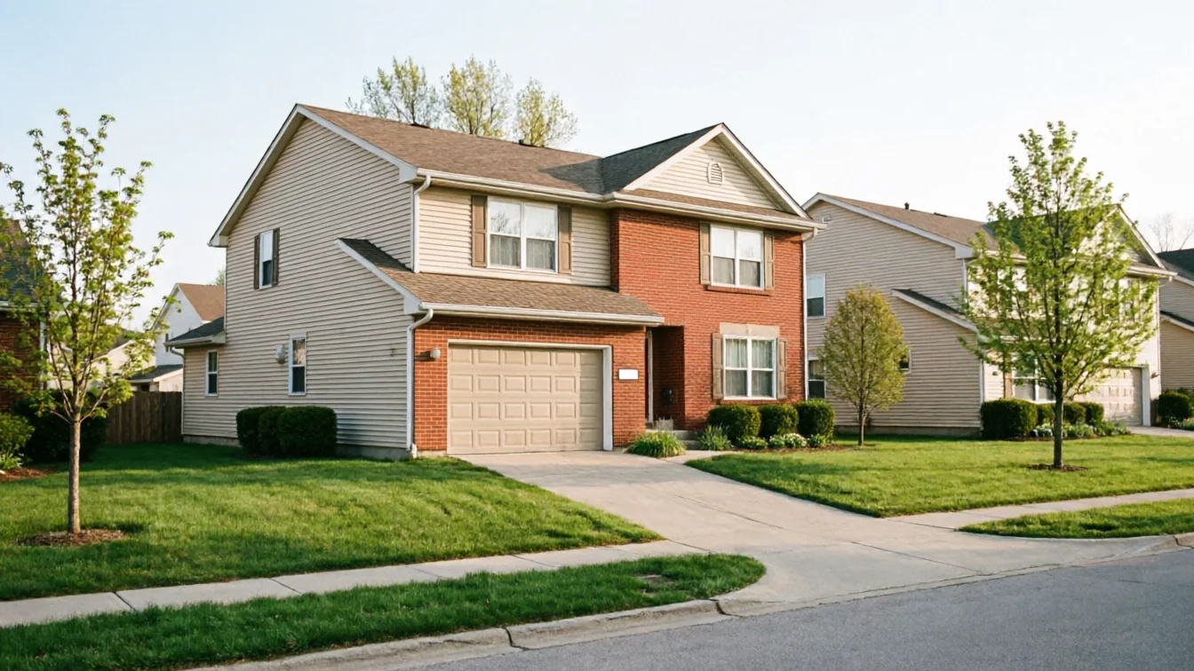 A two-story house with a beige garage door stands on a green lawn.